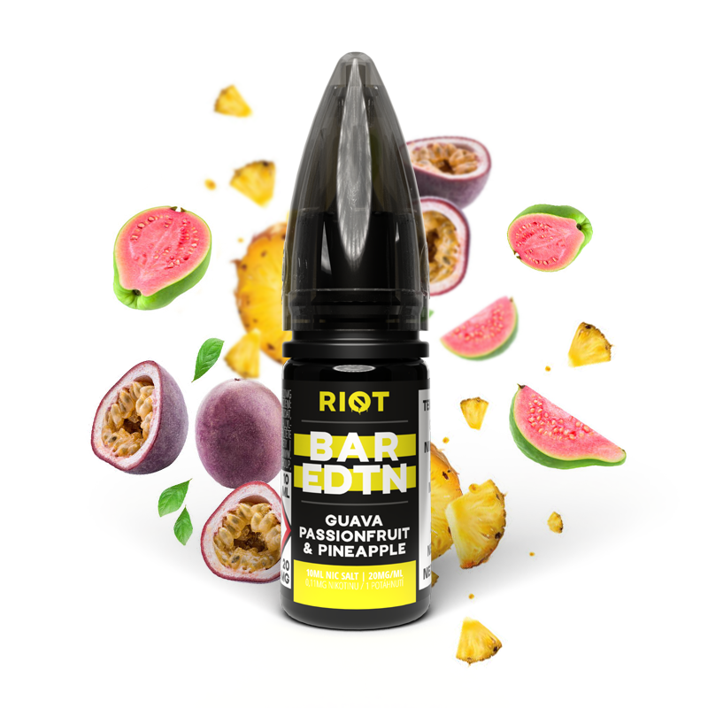 Riot Squad (GB) Guava Passionfruit Pineapple (Guava, marakuja a ananas) Riot BAR EDTN Salt E-liquid 10ml Množství: 10ml, Množství nikotinu: 20mg