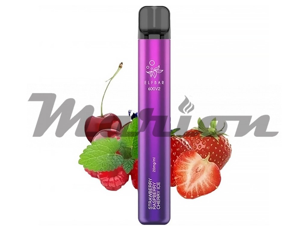 Elf Bar 600 V2 - 20mg - Strawberry Raspberry Cherry ICE (Jahoda, malina, třešeň), produktový obrázek.