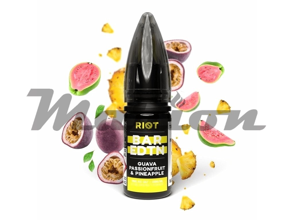 Riot BAR EDTN - Salt e-liquid - Guava Passionfruit Pineapple - 10ml - 20mg, produktový obrázek.