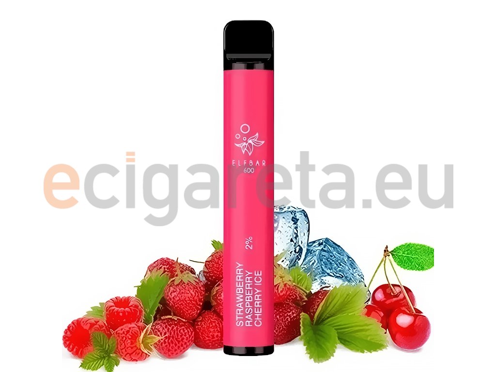 Elf Bar 600 - 20mg - Strawberry Raspberry Cherry ICE (Jahoda, malina, třešeň), produktový obrázek.