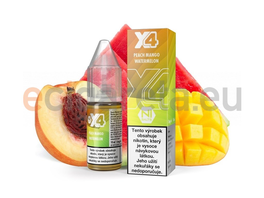 X4 Bar Juice Salt - E-liquid - Peach Mango Watermelon (Broskev, mango a meloun) - 20mg, produktový obrázek.