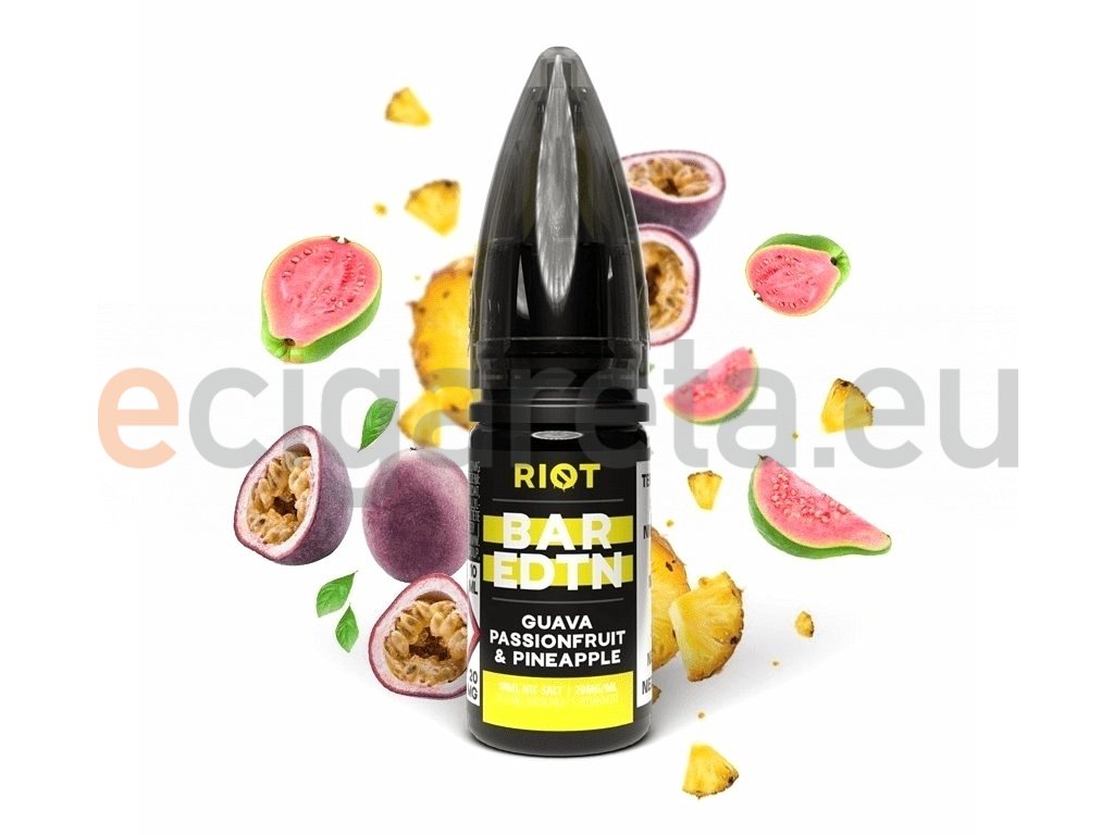 Riot BAR EDTN - Salt e-liquid - Guava Passionfruit Pineapple - 10ml - 20mg, produktový obrázek.