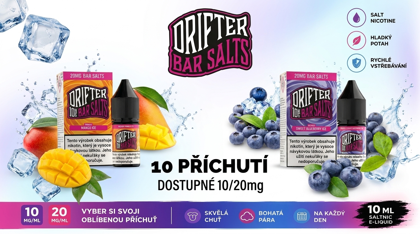 Juice Sauz představuje vynikající prémiové náplně, Juice Sauz Drifter SALT. Ty v sobě kombinují jedinečné a bohaté příchutě, které vám v ústech vykouzlí netušené potěšení.