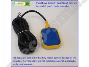 Plovákový spínač. Pro blokování frekvenčního měniče a čerpadla proti chodu nasucho.