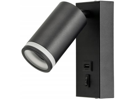 LED nástěnné svítidlo GU10 s vypínačem a USB portem - černá