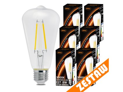 SADA 6x LED žárovka E27 ST64 6W 660lm Filament 3000K - teplá bílá