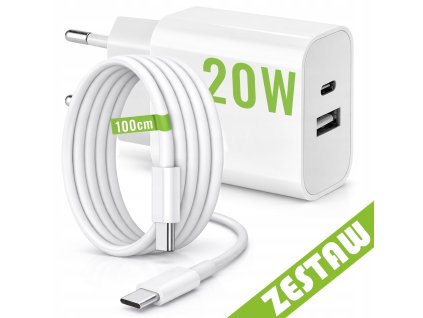 Rýchla sieťová nabíjačka USB / USB-C / USB-A + kábel USB-C 1 m (100 cm), 20 W – sada