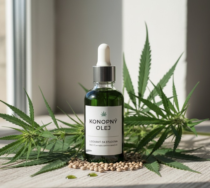 Konopný olej lisovaný za studena (Cannabis sativa) na výrobu kozmetiky, mydiel, šampónov a mastí. 1 l