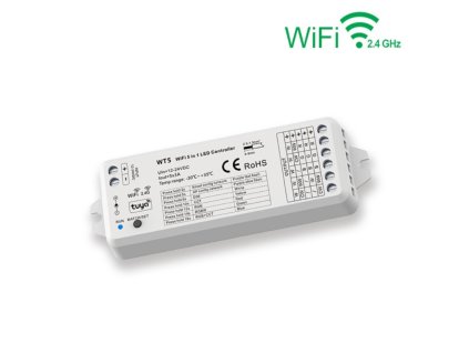 RF a WiFi ovládač pre riadenie LED pásov 5in1-DIMM, CCT, RGB, RGBW a RGB+CCT 5x3A (15A) SKD-WT5