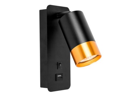 Svietidlo nástenné KLEMENS 1xGU10 čierno-zlaté s vypínačom a USB-A nabíjaním