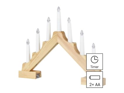 LED svícen dřevěný, 29 cm, 2x AA, vnitřní, teplá bílá, časovač