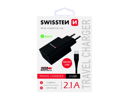 SWISSTEN adaptér 230V/2,1A 2xUSB + microUSB kabel 1,2m ČERNÁ