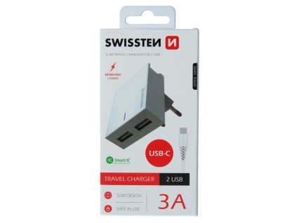 SWISSTEN adaptér 230V/3A  2xUSB + USB-C kabel 1,2m BÍLÁ