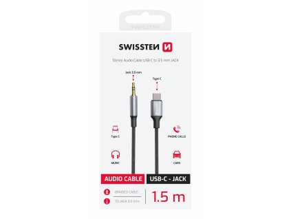 SWISSTEN audio kabel USB-C Jack 3,5mm textilní 1,5m černý