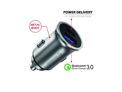 SWISSTEN nabíječ USB QUICK CHARGE3.0 a USB-C POWER DELIVERY 12V/36W  3A stříbrná
