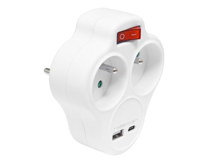 Ecolite XQFZBK-01/3 rozbočka 2x kulatá s vypínačem + 1xUSB, 1xUSB-C
