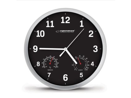 Esperanza EHC016K hodiny nástěnné LYON průměr 25cm teplota vlhkost bílá - černý ciferník