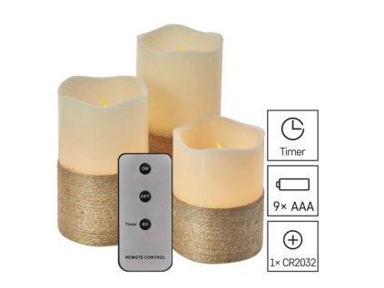 LED dekorace – vosková svíčka omotaná provázkem, 3x AAA, vnitřní, vintage, 3 ks, ovladač