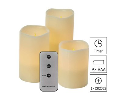 LED dekorace – vosková svíčka, různé velikosti, 3x AAA, vnitřní, vintage, 3 ks, ovladač