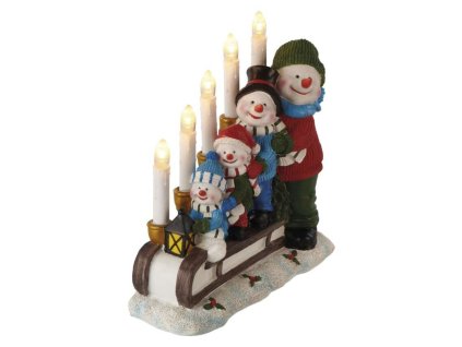 LED svícen – sněhuláci na saních, 24 cm, 2x AA, vnitřní, teplá bílá, časovač