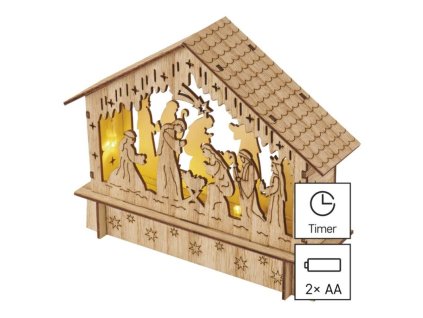 LED vánoční betlém dřevěný, 15 cm, 2x AA, vnitřní, teplá bílá, časovač
