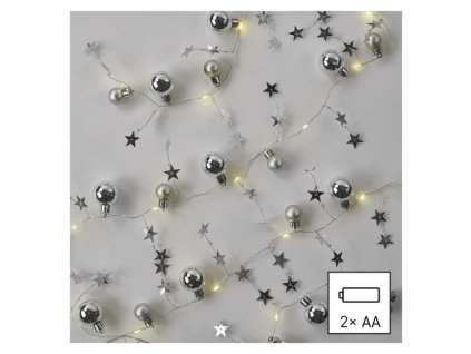 LED vánoční girlanda, stříbrné koule s hvězdami 1,9 m, 2x AA, vnitřní, teplá bílá, časovač