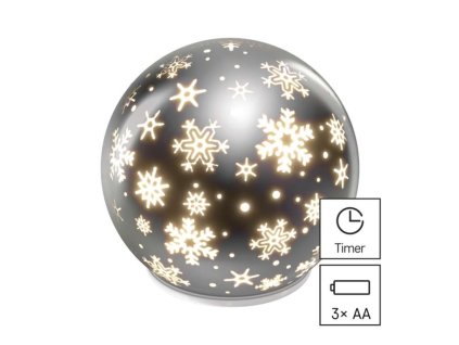 LED vánoční skleněná koule – vločky, 12 cm, 3x AA, vnitřní, teplá bílá, časovač
