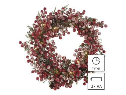 LED zdobený vánoční věnec, 38 cm, 3x AA, vnitřní, teplá bílá, časovač