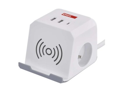 Prodlužovací kabel - kostka 2 m / 2 zásuvky / bílý / 2×USB-A + 1×USB-C+Qi / 1,5 mm2