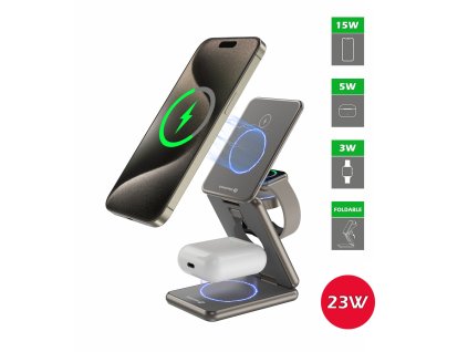SWISSTEN 3v1 23W skládací bezdrátová hliníková nabíječka MagSafe pro Apple iPhone, sluchátka,hodinky