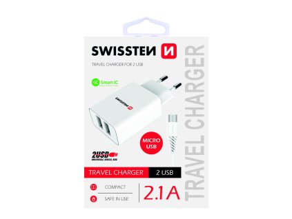 SWISSTEN adaptér 230V/2,1A 2xUSB + microUSB kabel 1,2m BÍLÁ