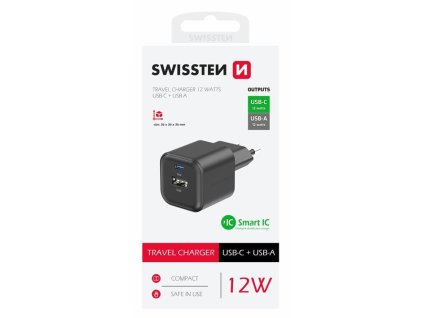 SWISSTEN adaptér 230V/2,4A 12W 1xUSB-C 1xUSB ČERNÁ