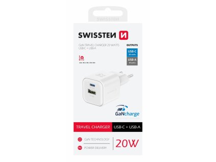 SWISSTEN mini adaptér GaN 230V 20W POWER DELIVERY 1xUSB-C + 1xUSB QC 18W BÍLÁ