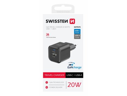 SWISSTEN mini adaptér GaN 230V 20W POWER DELIVERY 1xUSB-C + 1xUSB QC 18W ČERNÁ