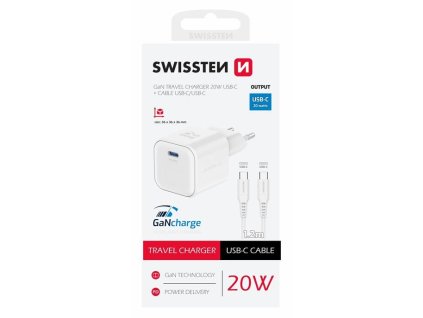 SWISSTEN mini adaptér GaN 230V 20W POWER DELIVERY 1xUSB-C + USB-C kabel 1,2m BÍLÁ