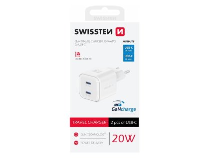 SWISSTEN mini adaptér GaN 230V 20W POWER DELIVERY 2xUSB-C BÍLÁ