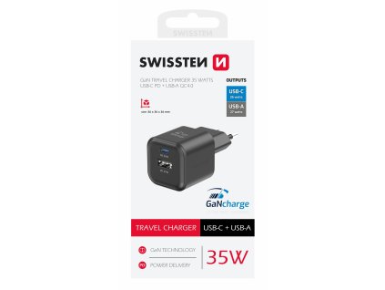 SWISSTEN mini adaptér GaN 230V 35W POWER DELIVERY 1xUSB-C + 1xUSB QC 27W ČERNÁ