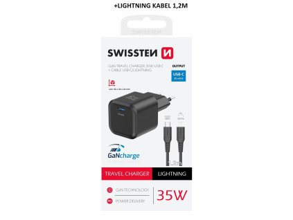 SWISSTEN mini adaptér GaN 230V 35W POWER DELIVERY 1xUSB-C + Lightning kabel 1,2m ČERNÁ