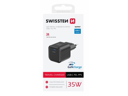 SWISSTEN mini adaptér GaN 230V 35W POWER DELIVERY 1xUSB-C ČERNÁ