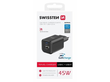 SWISSTEN mini adaptér GaN 230V 45W POWER DELIVERY 1xUSB-C + 1xUSB QC 18W ČERNÁ