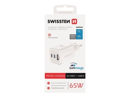 SWISSTEN mini adaptér GaN 230V 65W POWER DELIVERY 2xUSB-C + 1xUSB QC 18W BÍLÁ