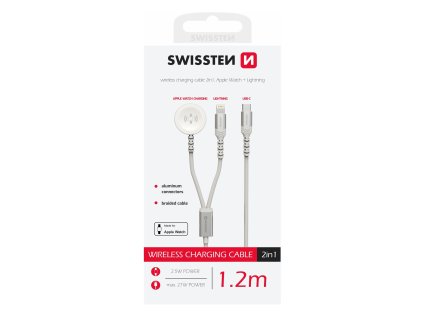 SWISSTEN nabíjecí magnetický textilní kabel 2v1 pro Apple Watch USB-C Lightning 1,2m bílá