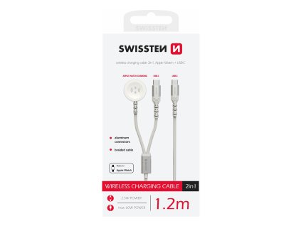 SWISSTEN nabíjecí magnetický textilní kabel 2v1 pro Apple Watch USB-C USB-C 1,2m bílá