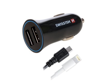 SWISSTEN nabíječ 2xUSB 12V/2,4A ČERNÁ + Lightning a micro USB kabel