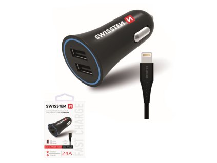 SWISSTEN nabíječ 2xUSB 12V/2,4A ČERNÁ + Lightning kabel