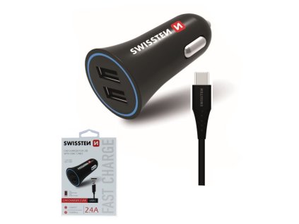 SWISSTEN nabíječ 2xUSB 12V/2,4A ČERNÁ + USB-C kabel