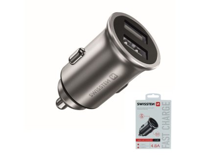 SWISSTEN nabíječ 2xUSB 12V/4,8A METAL BODY STŘÍBRNÁ