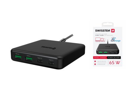 SWISSTEN stolní mini adaptér GaN 230V 65W POWER DELIVERY 2xUSB-C 2xUSB černá