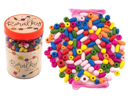 Teddies korálky dřevěné barevné cca 900ks v plastové dóze