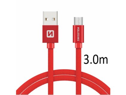SWISSTEN kabel USB microUSB textilní 3m 3A červená